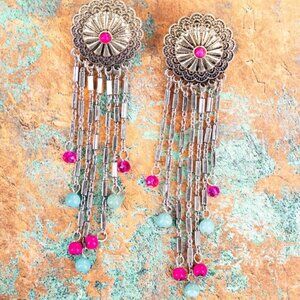 ICON Turquoise & Silver Concho Fringe Chandelier‎ Earrings NWT